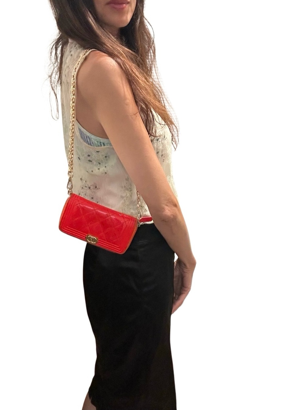 CHANEL Quilted Patent Zip Wallet in Bright Orange